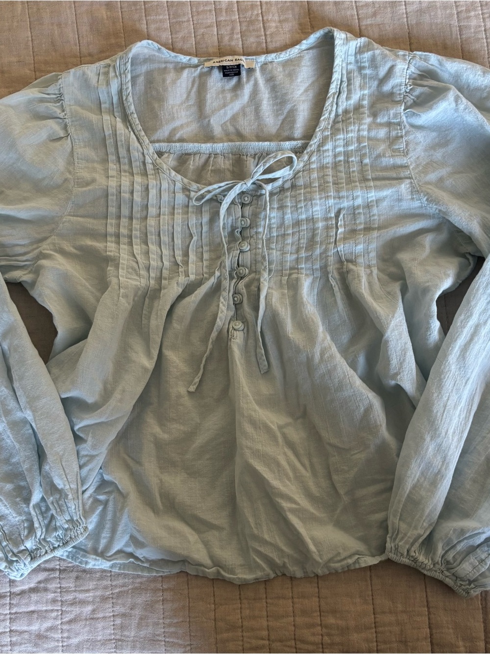 American Eagle Light Blue Pintuck Peasant Blouse